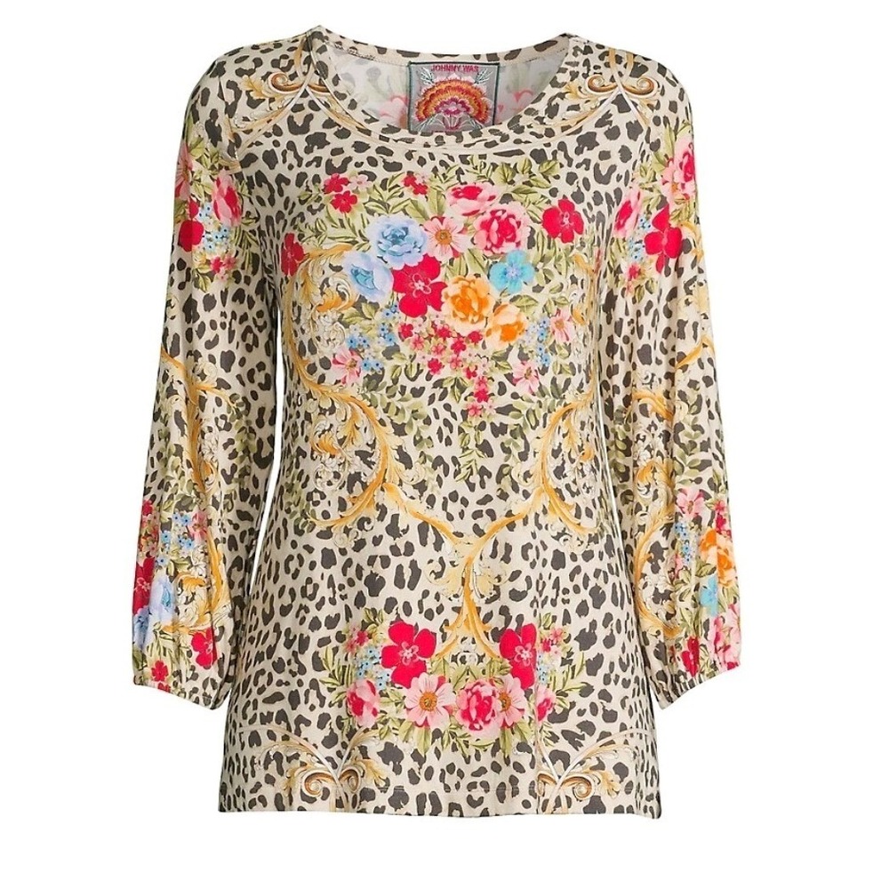 Johnny Was Cheetah Puff Sleeve Top XL Tan Floral Leopard Boho Maximalist Artsy